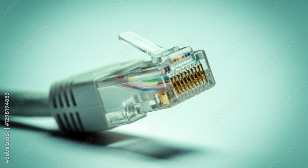 Close-up of a clear ethernet cable connector on a light background highlighting technological connectivity Close-up of a clear ethernet cable connector on a light background highlighting technological connectivity