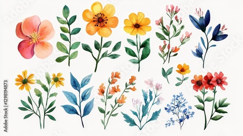 Wallpaper Mural A symmetrical arrangement of uniquely shaped watercolor flowers blooms vibrantly, showcasing hues from delicate pinks to deep blues, creating an enchanting floral harmony Torontodigital.ca