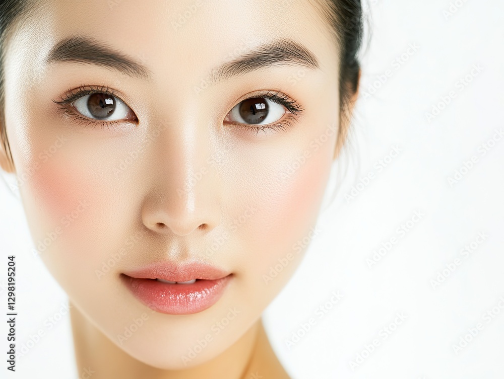 Fototapeta premium Elegant Asian woman with delicate skin and natural makeup, gazing at the camera, close-up portrait emphasizing skin tone and facial features, perfect for skincare advertising.