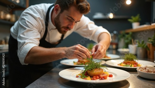 Chef decorates dish with herbs in modern kitchen. Young male cook adds piquancy to meal in uniform at work. Food preparation, cuisine, cooking, garnishing, culinary art, gastronomy at restaurant.