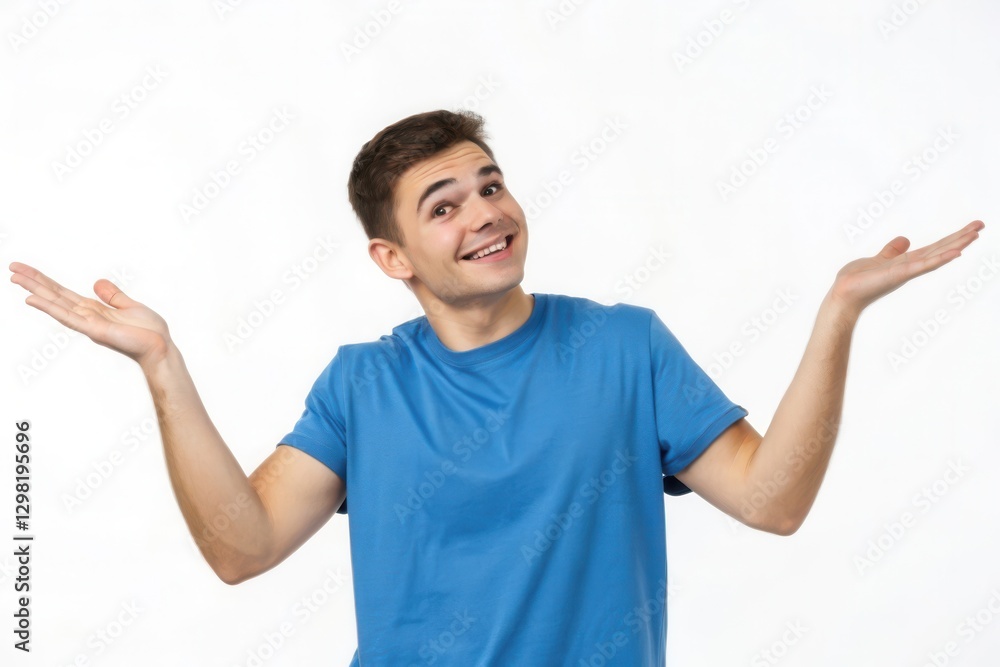 Cheerful Young Man in Blue Shirt Expressing Uncertainty with Outstretched Arms While Smiling Cheerful Young Man in Blue Shirt Expressing Uncertainty with Outstretched Arms While Smiling