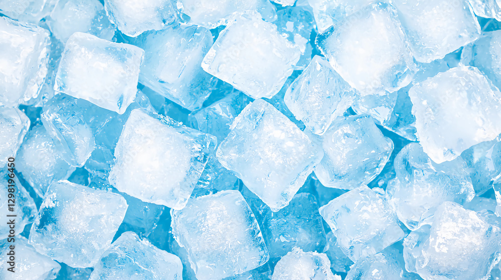 A close-up image of clear ice cubes scattered on a light blue surface, highlighting their texture and crystalline structure. A close-up image of clear ice cubes scattered on a light blue surface, highlighting their texture and crystalline structure.