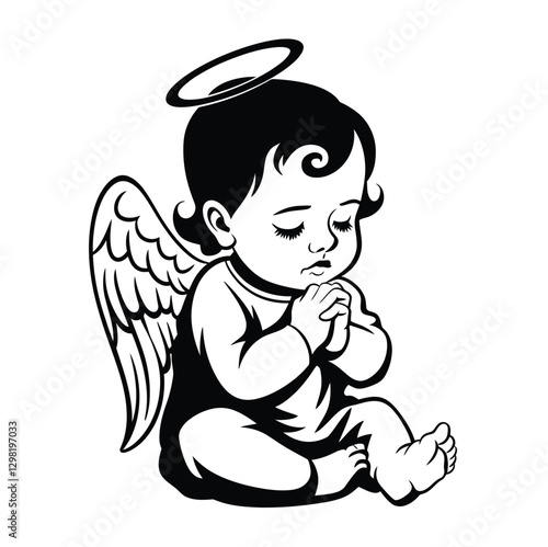 Praying Angel Baby Black Silhouette Vector Illustration