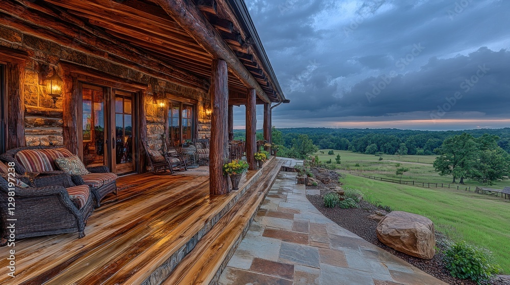 Rustic log cabin porch overlooking countryside Rustic log cabin porch overlooking countryside