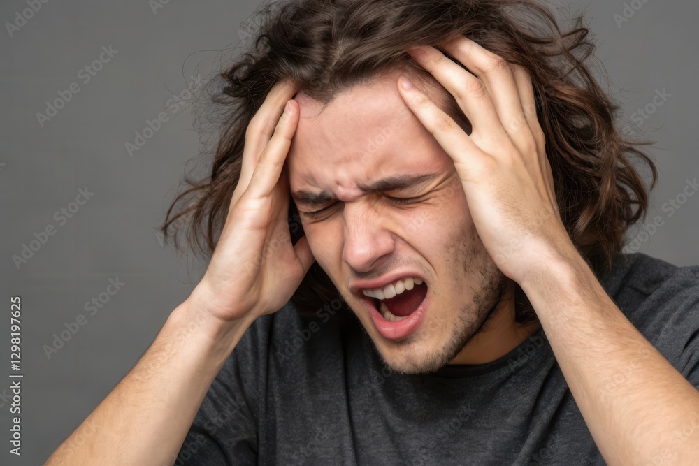 Young Man Expressing Distress and Frustration While Gripping His Head in a Stressful Moment Young Man Expressing Distress and Frustration While Gripping His Head in a Stressful Moment