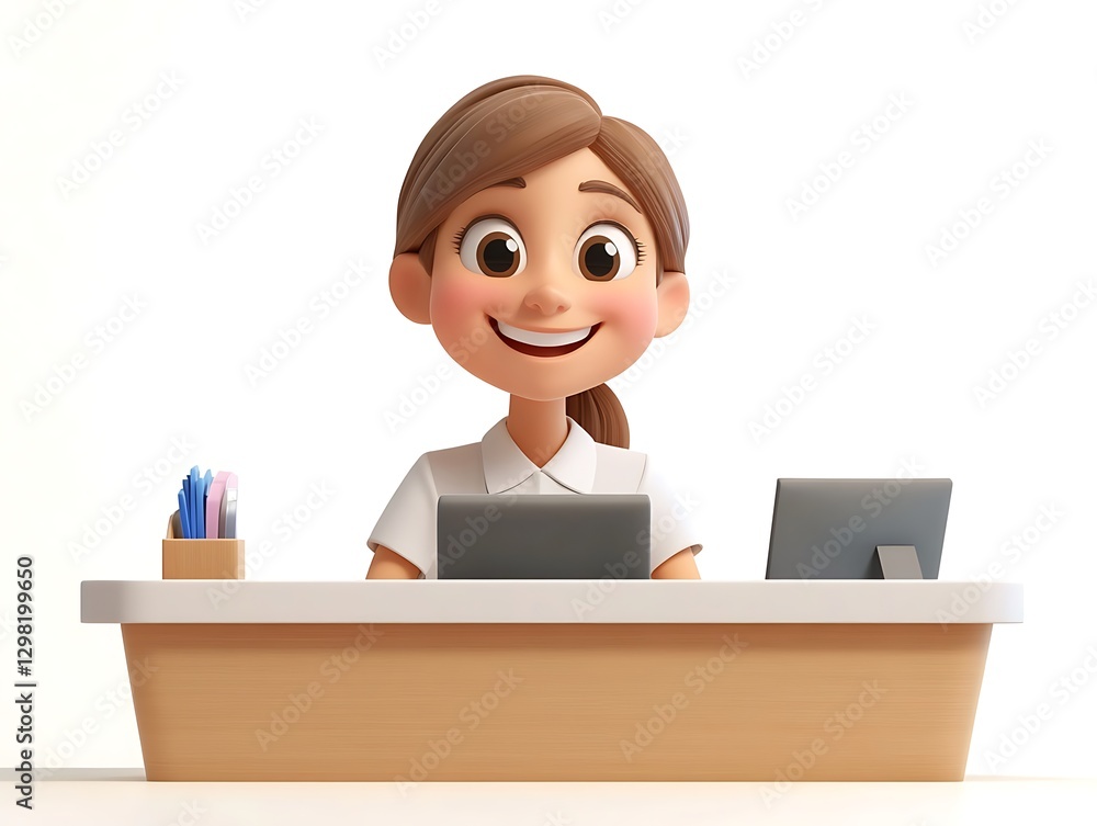 Office receptionist smiling at desk modern office digital illustration Office receptionist smiling at desk modern office digital illustration