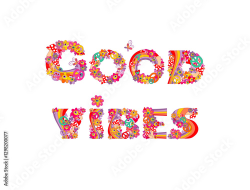 Good Vibes lettering for t shirt Psychedelic print on white background.eps