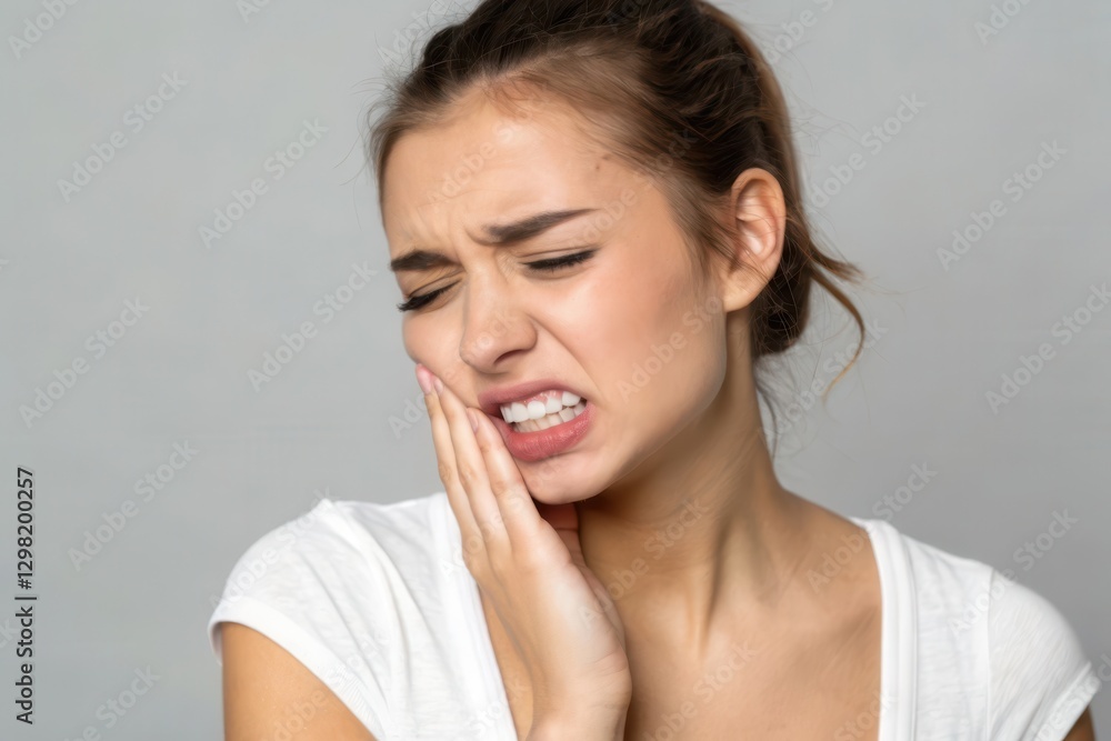 A Young Woman Expressing Discomfort Due to a Toothache in a Minimalist Setting A Young Woman Expressing Discomfort Due to a Toothache in a Minimalist Setting