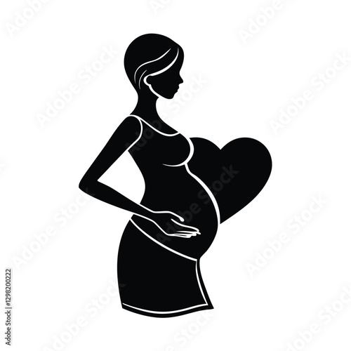 Charming pregnant lady holding heart shape over her belly silhouette