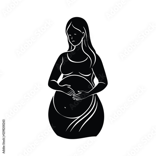 Elegant pregnant lady softly cradling her belly with caring hands