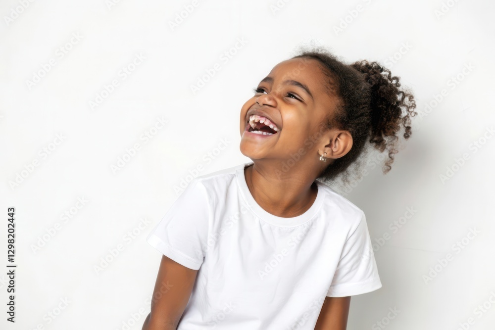 Joyful Girl in White T-Shirt Enjoying a Moment of Happiness and Laughter Against a Plain Background Joyful Girl in White T-Shirt Enjoying a Moment of Happiness and Laughter Against a Plain Background