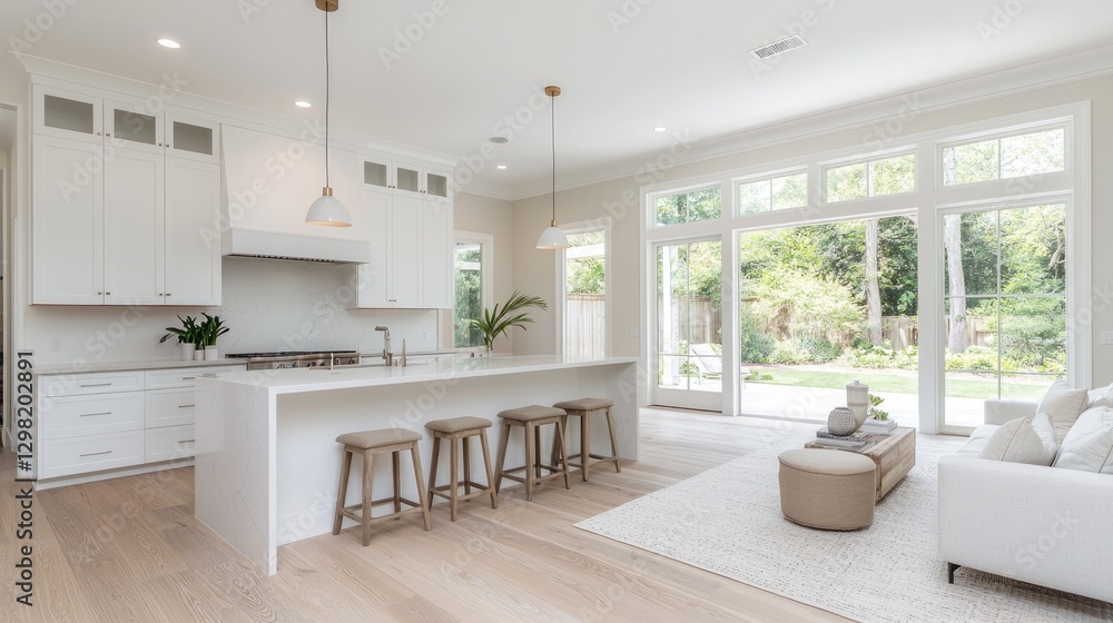 Modern Kitchen Open to Backyard. Interior Design. Possible Use Home Staging Modern Kitchen Open to Backyard. Interior Design. Possible Use Home Staging
