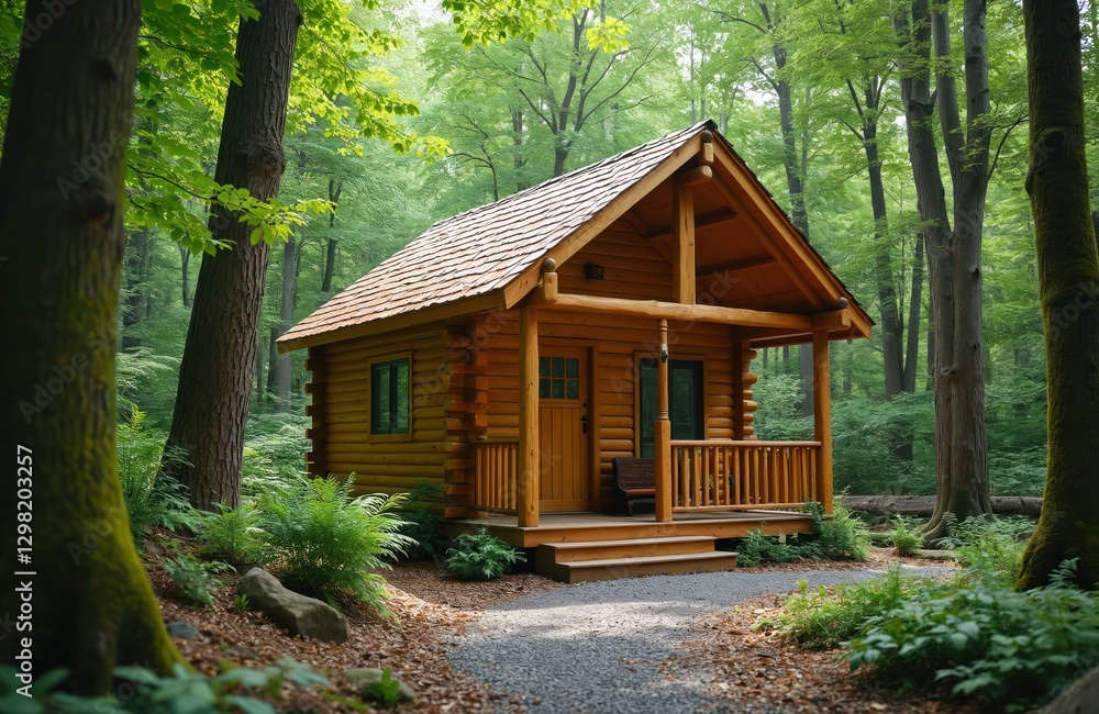 Cozy wooden cabin nestled in tranquil green forest. Rustic timber house offers peaceful retreat, relaxation. Natural outdoor scenery, calmness environment. Perfect for escape, vacation, adventure in Cozy wooden cabin nestled in tranquil green forest. Rustic timber house offers peaceful retreat, relaxation. Natural outdoor scenery, calmness environment. Perfect for escape, vacation, adventure in