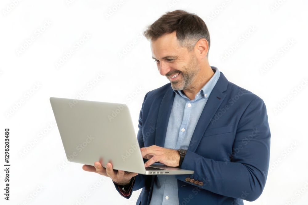 Professional Man in a Suit with Laptop Smiling Against White Background: A Portrait of Modern Business Achievements Professional Man in a Suit with Laptop Smiling Against White Background: A Portrait of Modern Business Achievements