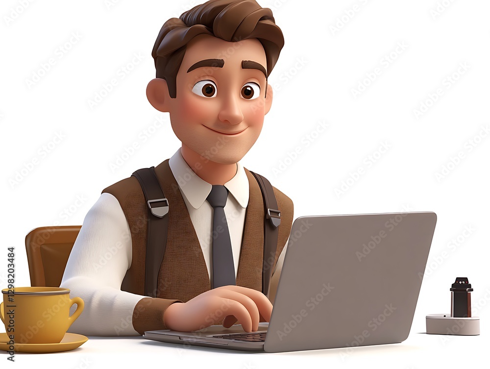 Working professional at desk cozy office animated character bright setting