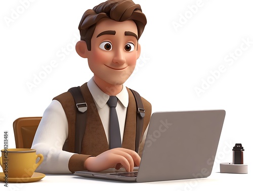 Working professional at desk cozy office animated character bright setting