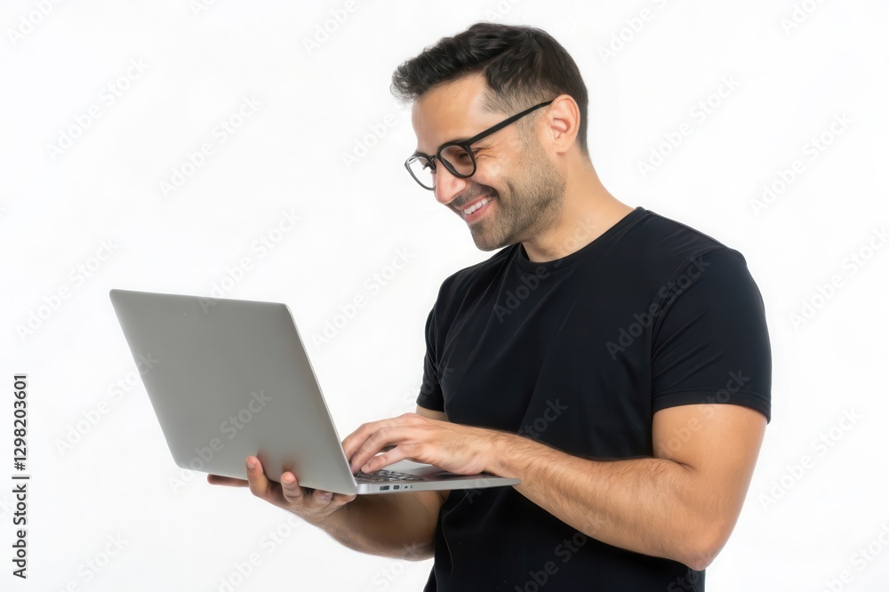 A Smiling Young Man Engaged in Work on His Laptop Against a Clean Background A Smiling Young Man Engaged in Work on His Laptop Against a Clean Background