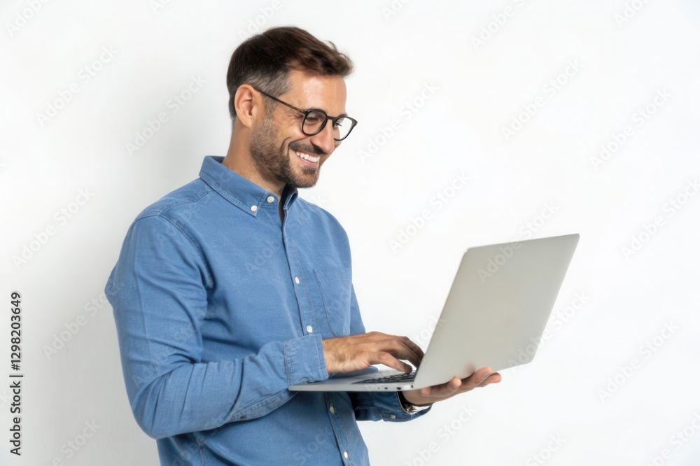 Smiling Man Using Laptop in a Casual Setting with a Bright and Neutral Background Smiling Man Using Laptop in a Casual Setting with a Bright and Neutral Background