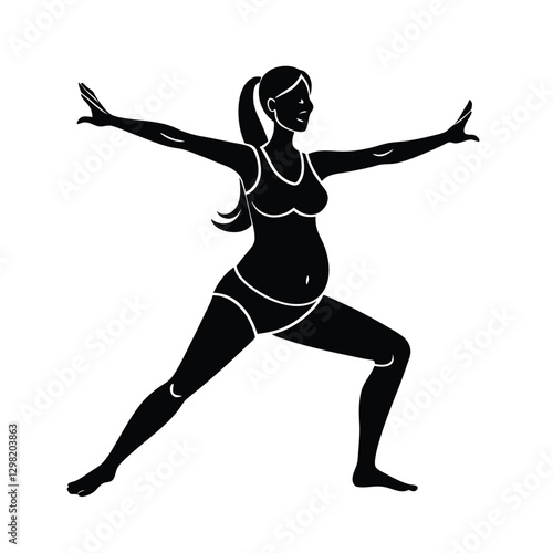 Energetic pregnant woman practicing prenatal yoga in powerful warrior pose