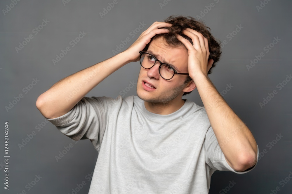 Frustration and Confusion: Emotional Portrait of a Young Man in a Gray Sweater with Hands on Head Frustration and Confusion: Emotional Portrait of a Young Man in a Gray Sweater with Hands on Head