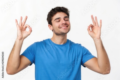 A Joyful Young Man Practicing Mindfulness with a Calm Expression and Peaceful Gaze photo