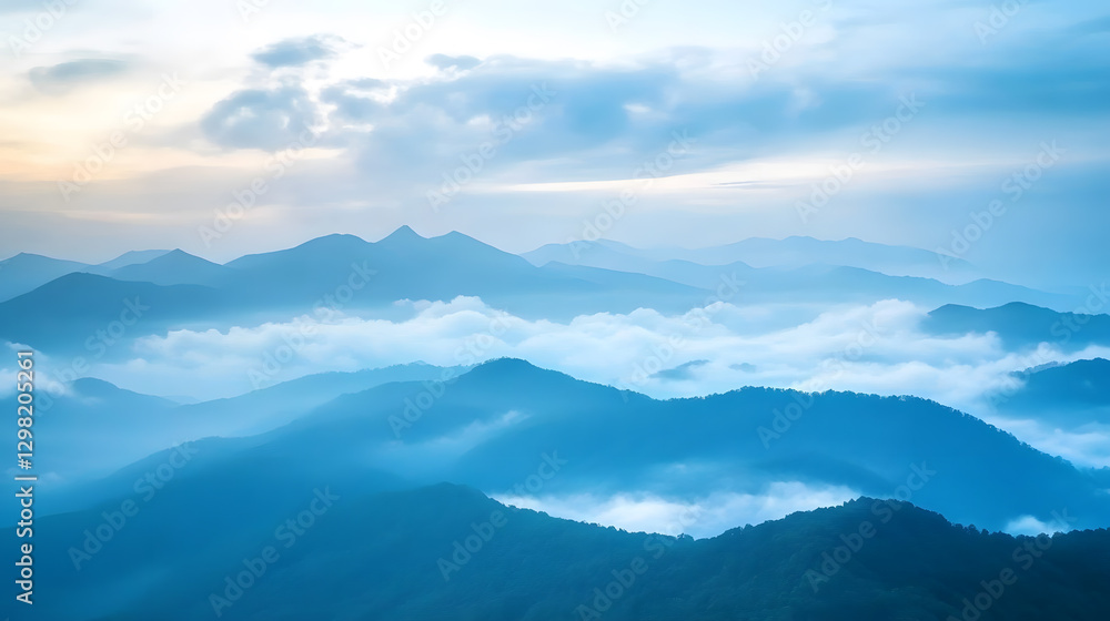 majestic mountain landscape is bathed in warm morning light, with layers of misty clouds enveloping peaks, creating serene and ethereal atmosphere majestic mountain landscape is bathed in warm morning light, with layers of misty clouds enveloping peaks, creating serene and ethereal atmosphere