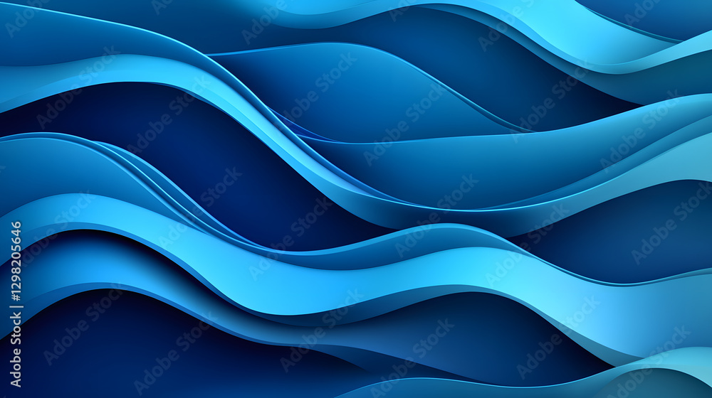 Fototapeta premium Abstract 3D waves with smooth curves and deep shadows create dynamic visual effect. blue tones and layered design evoke sense of fluidity and movement