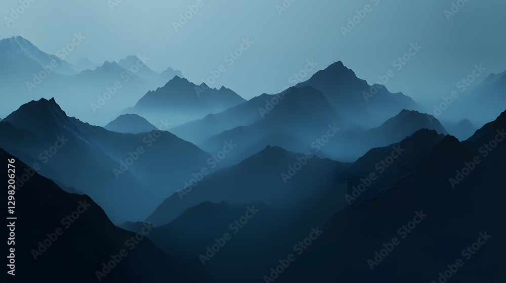 Dark misty mountains with deep blue and black color palette create mysterious and serene atmosphere, evoking sense of tranquility and awe Dark misty mountains with deep blue and black color palette create mysterious and serene atmosphere, evoking sense of tranquility and awe