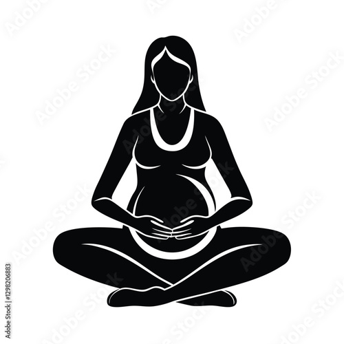 Peaceful pregnant woman meditating while sitting cross legged silhouette