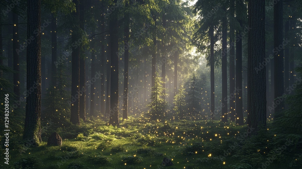 Obraz premium Enchanting forest with glow of fireflies amidst lush greenery