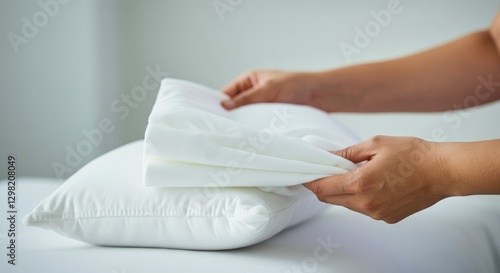 Person placing freshly laundered white pillowcase on pillow