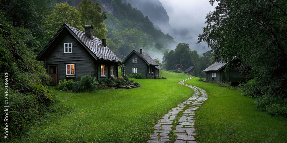 Serene Mountain Retreat: Three charming wooden cabins nestled amidst lush greenery and misty mountains, a picturesque path winding through the scene. Serene Mountain Retreat: Three charming wooden cabins nestled amidst lush greenery and misty mountains, a picturesque path winding through the scene.