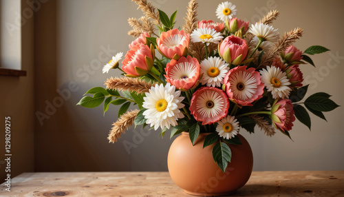 Bouquet with Protea and Daisy Flowers in Terracotta Vase for Wedding Decor and Floral Design
