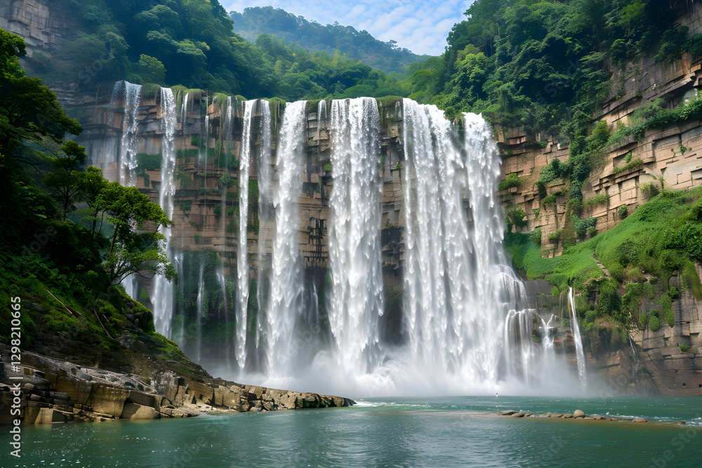 Obraz premium Magnificent Large Waterfall Cascading Down Rocky Cliff Surrounded by Greenery and River