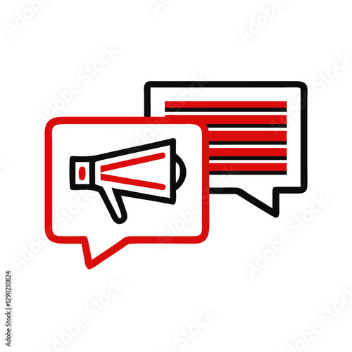 Megaphone broadcasts within dynamic speech bubbles design. Red and black accents energize simple line art composition. Concept: Marketing Communication, Public Relations, Advertising