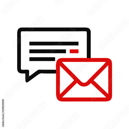 Red envelope with overlaid text bubble. Bold modern design for messaging interface. Concept: email services, message platforms, digital communication