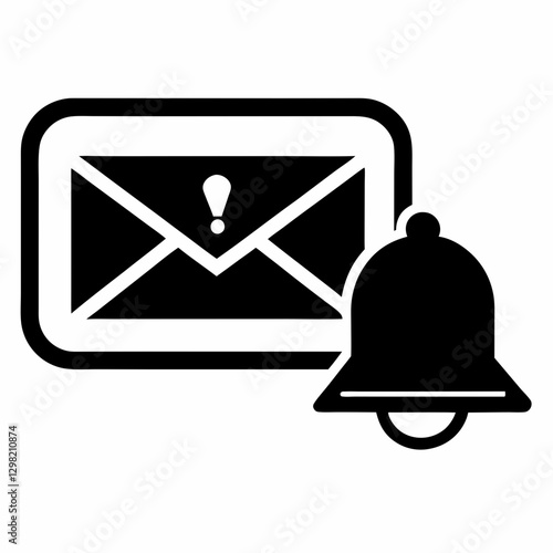 Bell and envelope with exclamation mark create alert imagery. Black and white minimalist design suggests importance. Concept: Message alerts, Notification system, Digital communication