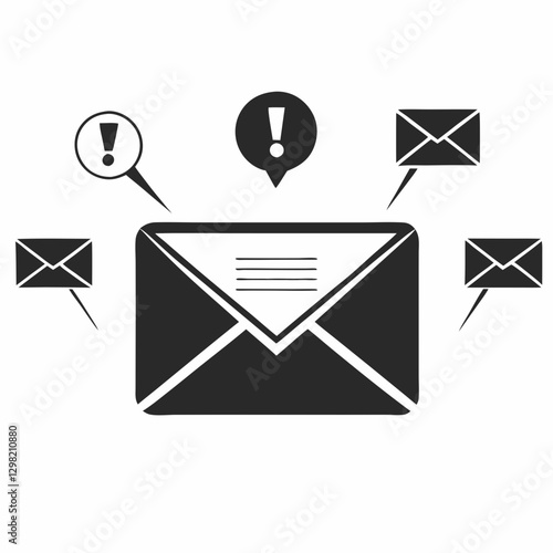 Multiple envelope icons with exclamation marks create sense of urgency. Grayscale design suggests professional setting. Concept: Email management, Notification system, Business communication
