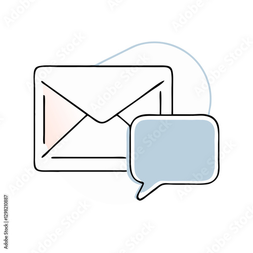 Email icon pairs with speech bubble in pastel colors. Minimalist design suggests friendly communication flow. Concept: Digital messaging, Email marketing, Social connection