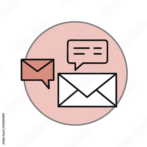 White envelope centered in pink circle with messaging icons. Clean modern interface elements arranged in hierarchy. Digital communication, app interface concept