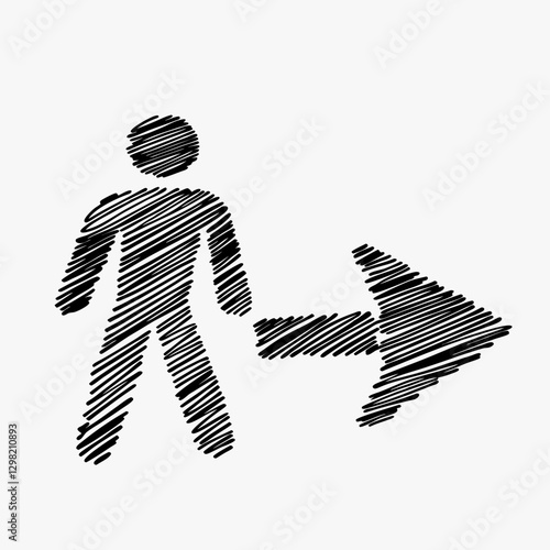 Sketch-style figure stands beside right-pointing arrow. Informal hatched lines suggest movement and direction. Progress, guidance concept