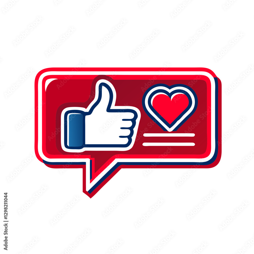 Red speech bubble combines thumbs-up and heart icons. 3D social media reaction symbols in vibrant design. Concept: Social media engagement, digital interactions, emotional feedback Red speech bubble combines thumbs-up and heart icons. 3D social media reaction symbols in vibrant design. Concept: Social media engagement, digital interactions, emotional feedback