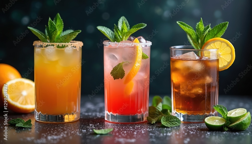 Three colorful refreshing cocktails with mint and citrus garnishes in glasses with ice on bar counter. Tasty alcoholic beverages for summer party, happy hour. Orange, lime, lemon fruits nearby. Three colorful refreshing cocktails with mint and citrus garnishes in glasses with ice on bar counter. Tasty alcoholic beverages for summer party, happy hour. Orange, lime, lemon fruits nearby.