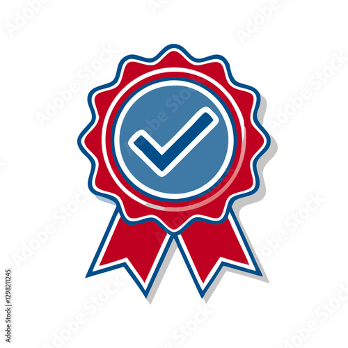 Red and blue circular badge with centered checkmark displays professional approval seal. Modern digital achievement emblem features decorative ribbon accent. Concept: certification, quality assurance