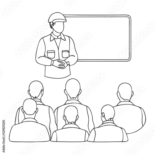 Professional presenter in helmet giving training to audience, outline design with copy space, vector illustration
