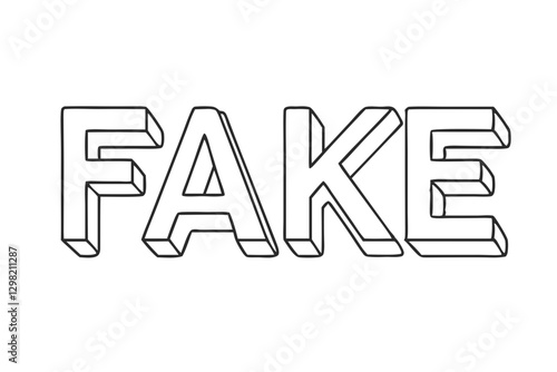 Three-dimensional outline of the word "FAKE", minimalist design on white background, vector illustration
