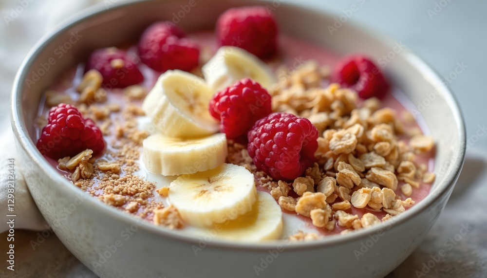 High protein smoothie bowl with fresh raspberry, banana slices, crunchy granola for balanced breakfast. Healthy snack food, creamy yogurt smoothie, dietary nourishment. Vegan, vegetarian smoothie High protein smoothie bowl with fresh raspberry, banana slices, crunchy granola for balanced breakfast. Healthy snack food, creamy yogurt smoothie, dietary nourishment. Vegan, vegetarian smoothie