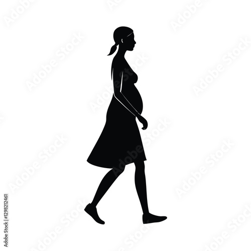 Calm Pregnant Woman Silhouette Walking Slowly in a Side View