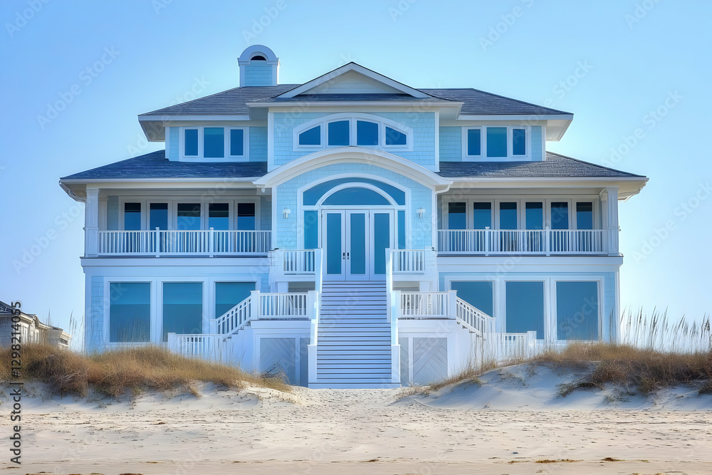 Coastal Blue House Beachfront Illustration Coastal Blue House Beachfront Illustration