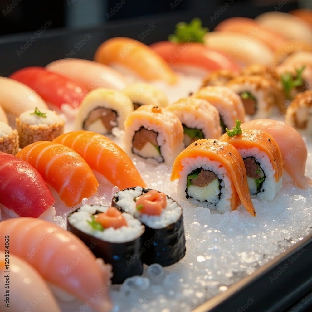 Assorted fresh sushi rolls on ice at a Japanese fish market, sushi, raw Assorted fresh sushi rolls on ice at a Japanese fish market, sushi, raw